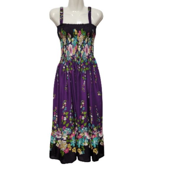 Purple Floral Spaghetti Strap Ruched Smocked Casual Summer Dress - Size S